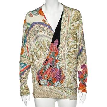 Pre Owned Class Cavalli Multicolor Printed Knit Draped Top L