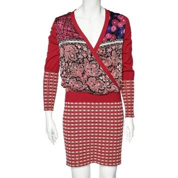 Pre Owned Class by Roberto Cavalli Red Knit & Silk Faux Wrap Dress M 