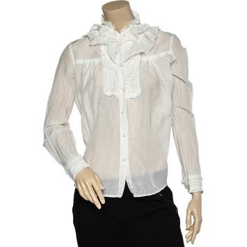 Pre Owned Class by Roberto Cavalli Off-White Cotton Ruffle Trimmed Shirt M