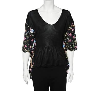 Pre Owned Cavalli Class Black Knit & Floral Printed Kaftan Top L