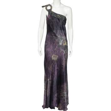 Pre Owned Class by Roberto Cavalli Purple Printed Satin Embellished One Shoulder Gown XL