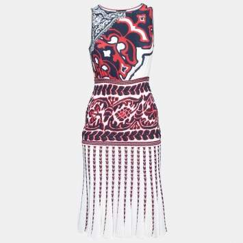 Pre Owned Class by Roberto Cavalli White & Blue Intarsia Pointelle Knit Dress S