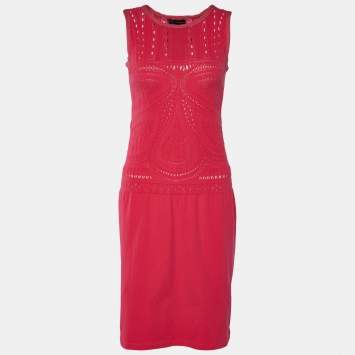 Pre Owned Class by Roberto Cavalli Pink Perforated Knit Lurex Trim Midi Dress L