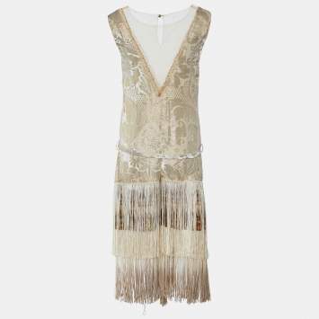 Pre Owned Class by Roberto Cavalli Gold Devore Fringe Detail Belted Sleeveless Dress L
