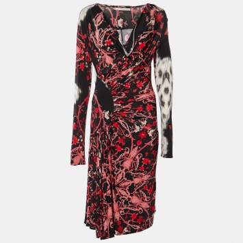 Pre Owned Class by Roberto Cavalli Black Floral Printed Draped Midi Dress L
