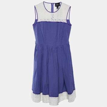 Pre Owned Cavalli Class Purple Seersucker Cotton & Lace Sleeveless Dress M