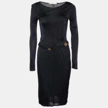 Pre Owned Class by Roberto Cavalli Black Jersey Waist Trim Midi Dress S