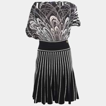 Pre Owned Class by Roberto Cavalli Black Printed Satin & Knit Flared Short Dress S