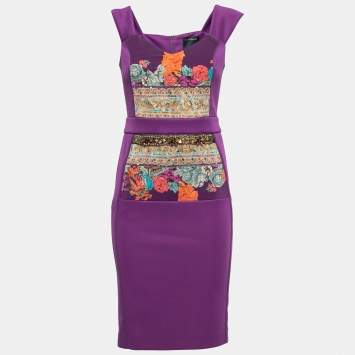 Pre Owned Class by Roberto Cavalli Purple Jersey Floral Applique Beaded Bodycon Dress M