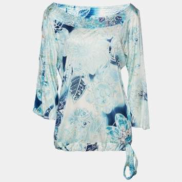 Pre Owned Class by Roberto Cavalli Blue Printed jersey Waist Tie Detail Top L