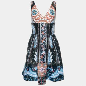 Pre Owned Cavalli Class Multicolor Printed Jacquard V Neck Mini Dress S