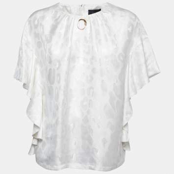 Pre Owned Class by Roberto Cavalli White Leopard Jacquard Flutter Sleeve Top M