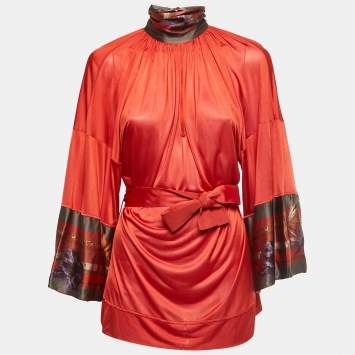 Pre Owned Class by Roberto Cavalli Brick Red Jersey & Silk Belted Top M