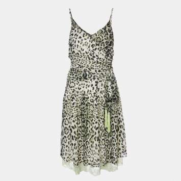 Pre Owned Class by Roberto Cavalli Green Animal Printed Jersey Knit Ruched Mini Dress M