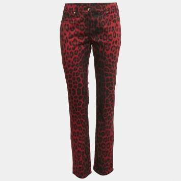 Pre Owned Class Roberto Cavalli Red Animal Print Denim Jeans L Waist 32"