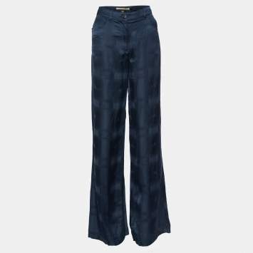Pre Owned Class by Roberto Cavalli Navy Blue Textured Linen Blend Flared Trousers M