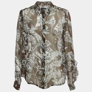 Pre Owned Class by Roberto Cavalli Brown Floral Print Silk Ruffled Semi Sheer Shirt L