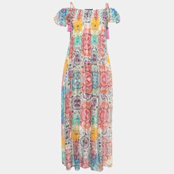 Pre Owned Class by Roberto Cavalli Multicolor Printed Silk Pleated Flutter Sleeve Maxi Dress M