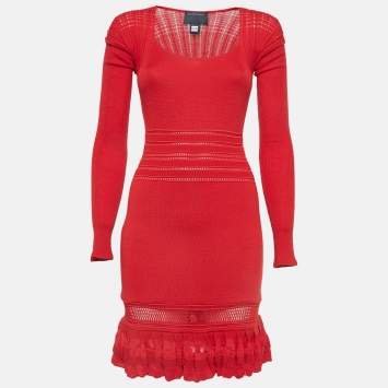 Pre Owned Class by Roberto Cavalli Red Patterned Knit Flounce Midi Dress M