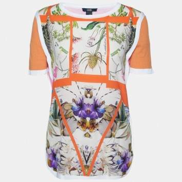 Pre Owned Class by Roberto Cavalli Multicolor Print Silk Knit Short Sleeve Top M