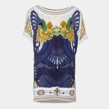Pre Owned Class by Roberto Cavalli Navy Blue Printed Silk & Knit Tunic XL 