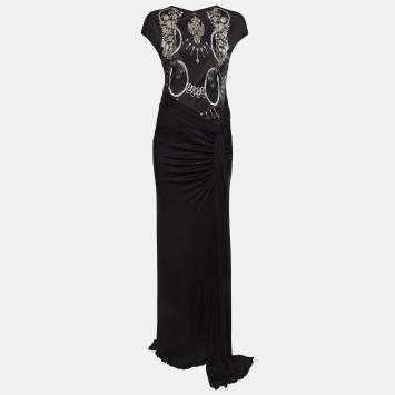 Pre Owned Class by Roberto Cavalli Black Printed Jersey Ruched Sleeveless Maxi Dress M