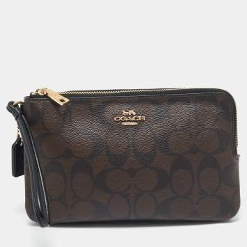 Coach Brown/Black Signature Coated Canvas and Leather Double Zip Wristlet Pouch