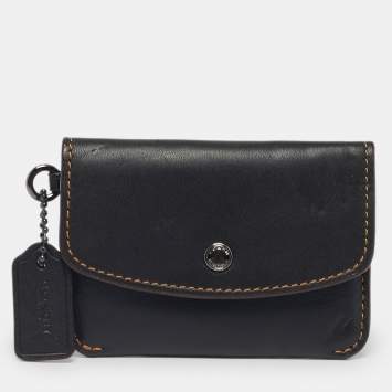 Pre Owned Coach Dark Brown Leather Flap Wristlet Card Case