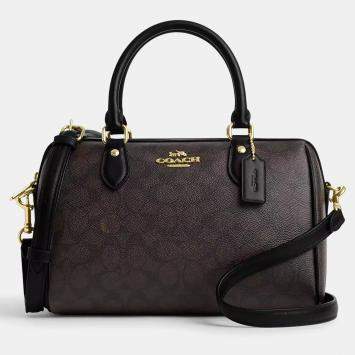 Pre Owned Coach Rowan Signature Canvas Walnut, Black Leather Satchel Bag