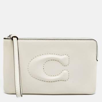 Pre Owned Coach Corner Zip Off White Leather Wristlet Pouch