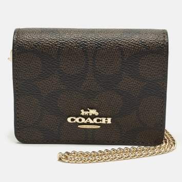 مملوكة مسبقًا محفظة بسلسلة كوتش جلد وكانفاس مقوى مطبوع مورد بالشعار بني 