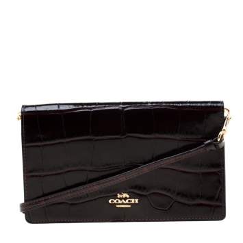 Pre Owned Coach Burgundy Croc Embossed Leather Clutch Bag