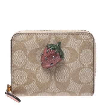 Pre Owned Coach Beige Signature Coated Canvas Strawberry Zip Around Wallet     