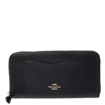 Pre Owned Coach Black Leather Accordion Zip Around Wallet