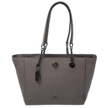 Pre Owned Coach Grey Leather Turnlock Tote