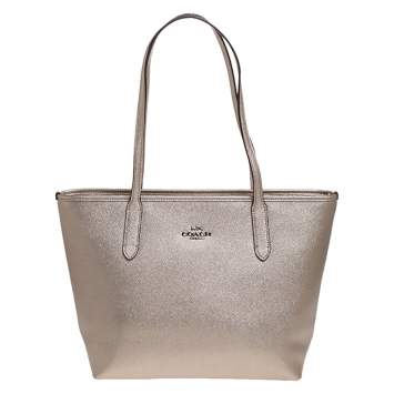 Pre Owned Coach Metallic Gold Leather Top-Zip Tote 