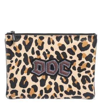 Pre Owned Coach Beige/Black Leopard Print Coated Canvas Large Disney Snow DOC Clutch