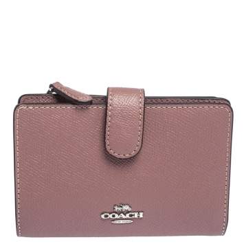 Pre Owned Coach Pink Textured Leather Compact Wallet