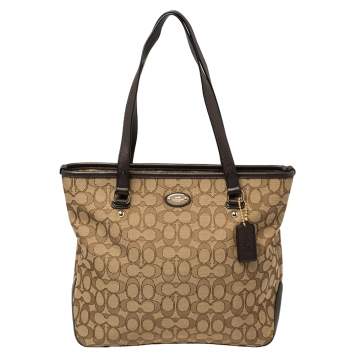 Pre Owned Coach Beige/Brown Signature Canvas and Leather City Zip Top Tote