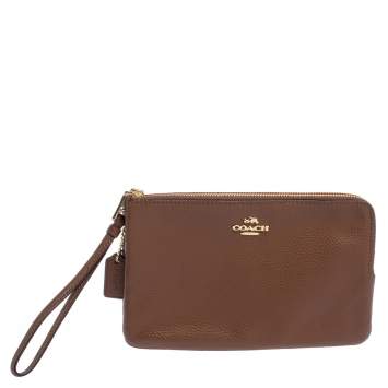 Pre Owned Coach Brown Leather Double Zip Wristlet Clutch