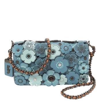 Pre Owned Coach Blue Leather Flower Applique Dinky Shoulder Bag
