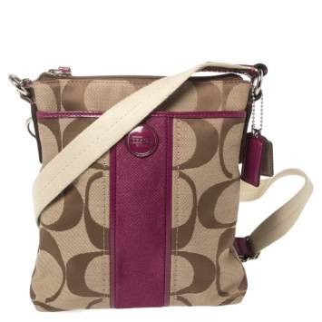 Pre Owned Coach Beige Signature Canvas And Purple Leather Crossbody Bag