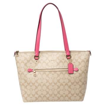 Pre Owned Coach Beige/Pink Signature Coated Canvas and Leather Gallery Tote