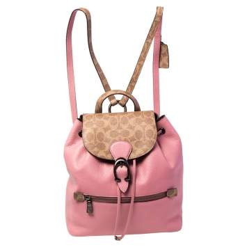 Pre Owned Coach Brown/Pink Leather and Signature Canvas Blocking Evie Backpack