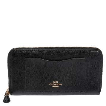 Pre Owned Coach Black Leather Accordion Zip Around Wallet