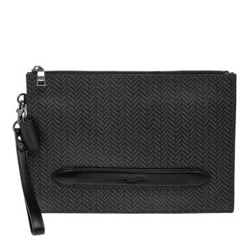 Pre Owned Coach Black Coated Canvas And Leather Herringbone Print Wristlet Clutch