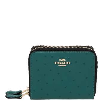 Pre Owned Coach Green Ostrich Embossed Leather Double Zip Around Compact Wallet