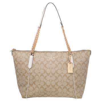 Pre Owned Coach Beige Signature Canvas Ava Chain Tote