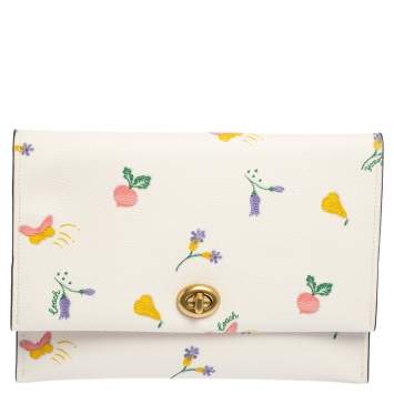 Pre Owned Coach Cream Leather Dandelion Floral Print Turnlock Wallet