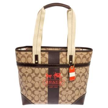Pre Owned Coach Brown Signature Coated Canvas and Leather Heritage Stripe Tote